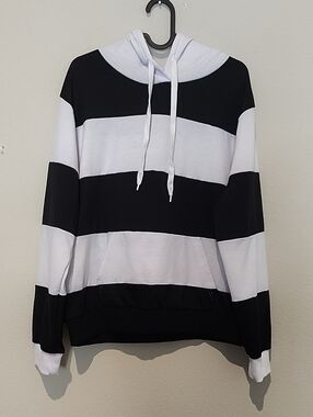 Women's Black & White Striped Cowl Hoodie Sweater